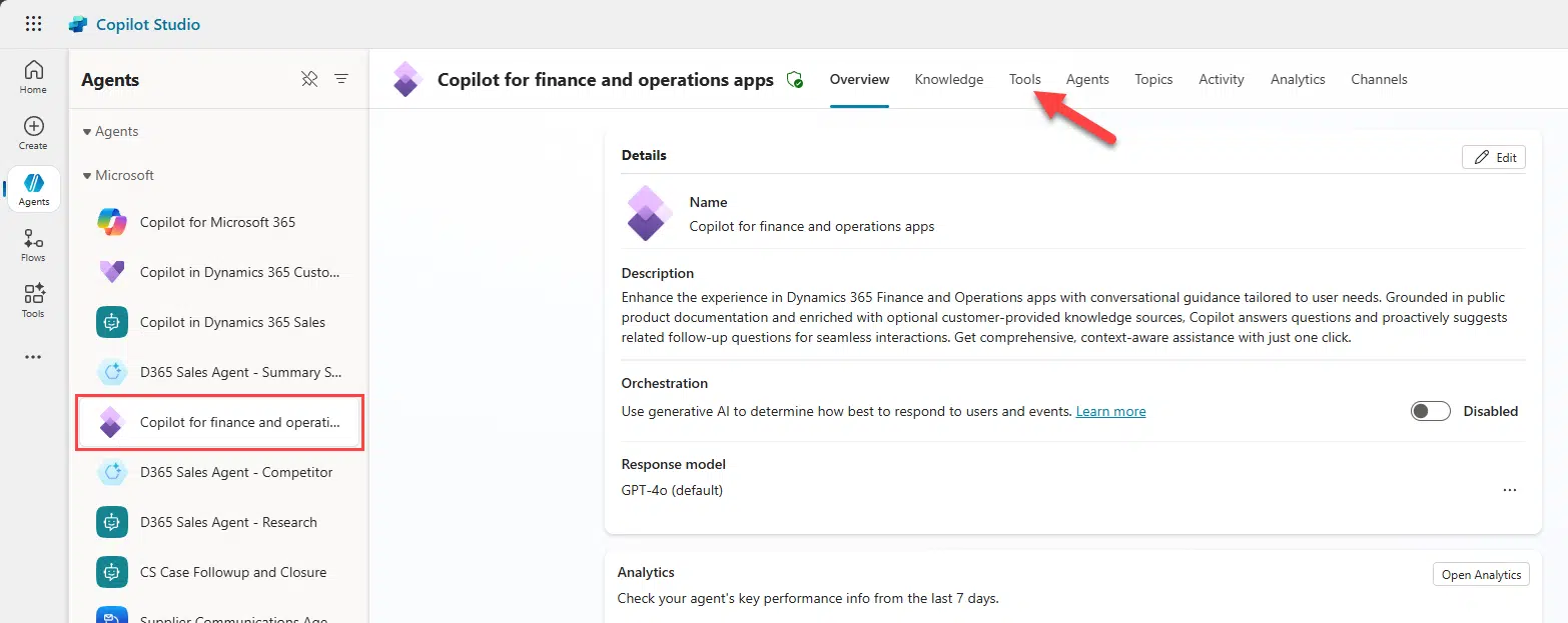 Tools tab in Copilot for finance and operations agent