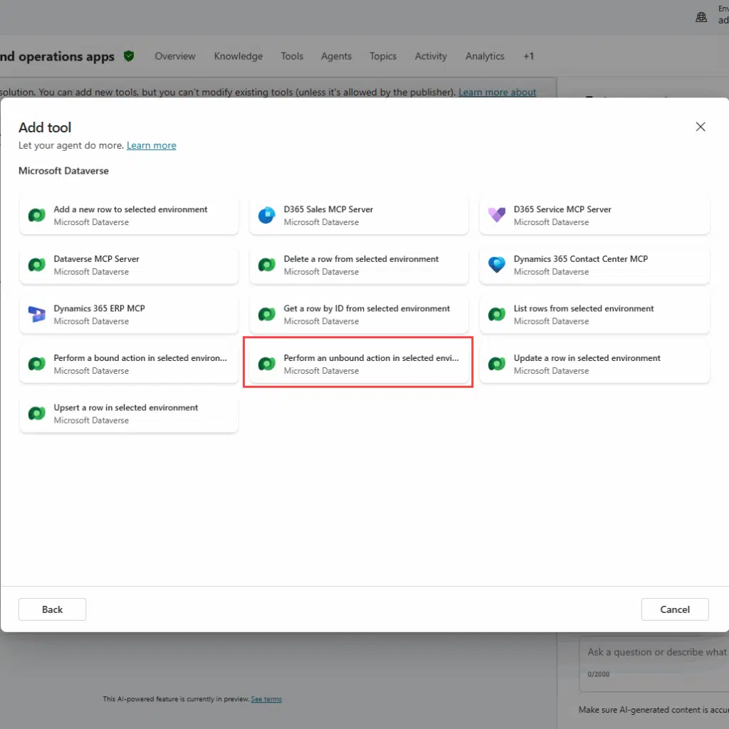 Perform an unbound action in selected environment
