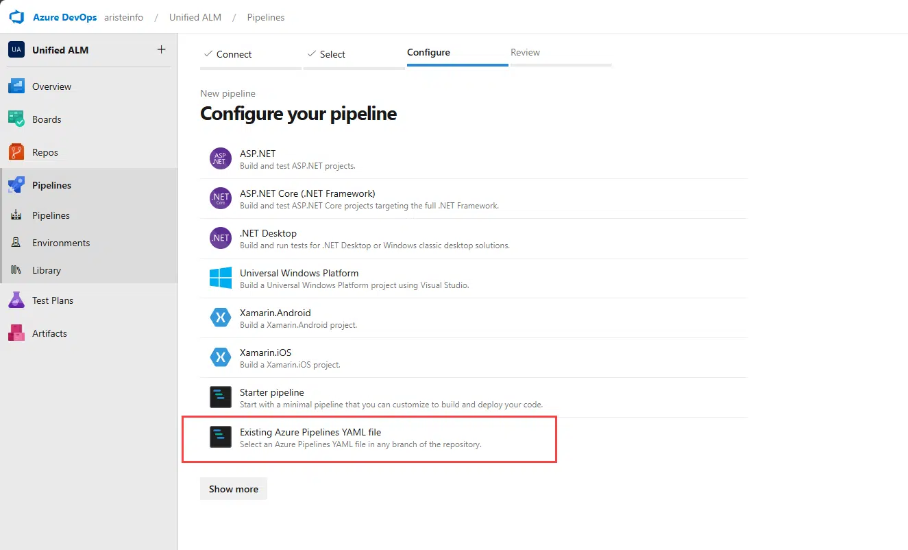 Select Existing Azure Pipelines YAML file: