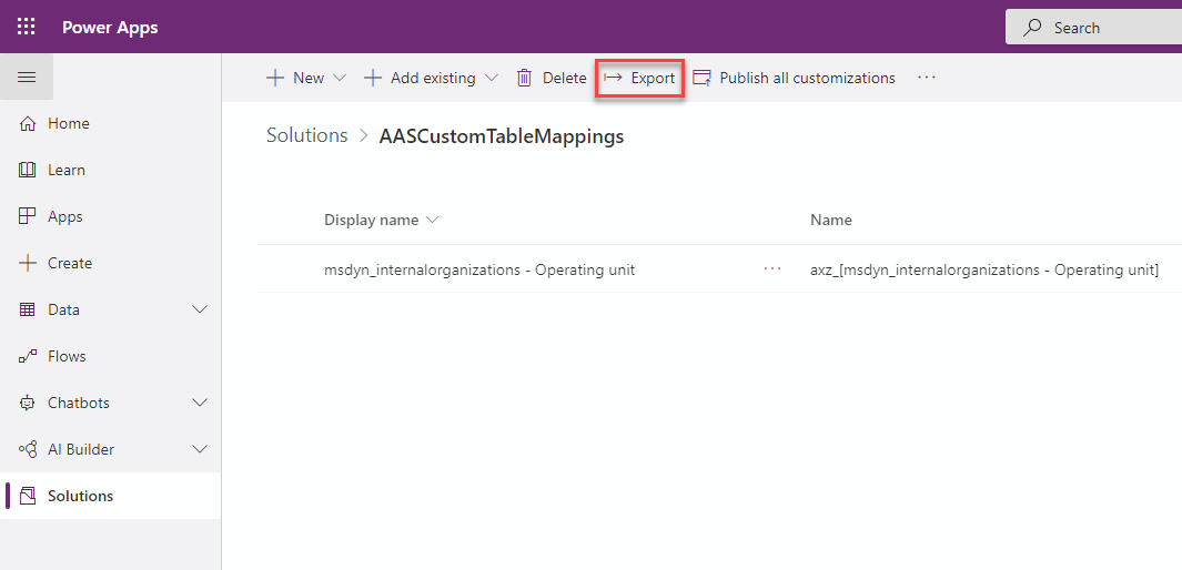 Dual-write table mappings: copy to other environments 9 Export Dataverse solution