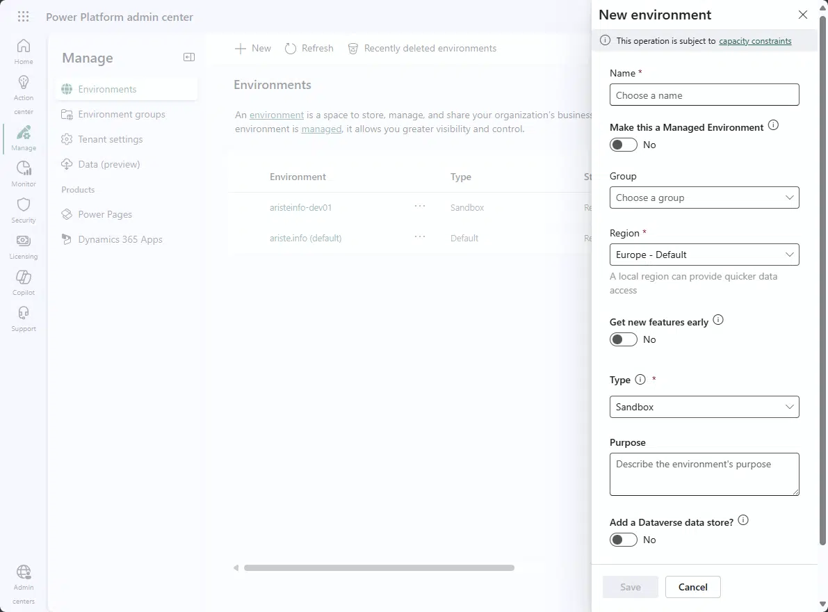 Create a new Dataverse environment in PPAC