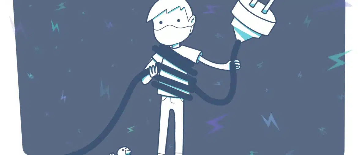 A cartoon of a man holding a giant electricity plug and a rubber duck looking at him.