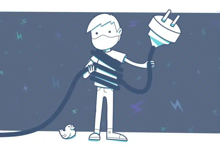 A cartoon of a man holding a giant electricity plug and a rubber duck looking at him.